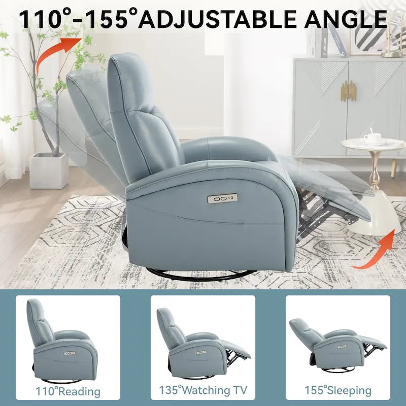 Blue Genuine Leather Swivel Glider Power Recliner with USB, Type-C, Pockets