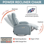 Blue Genuine Leather Swivel Glider Power Recliner with USB, Type-C, Pockets