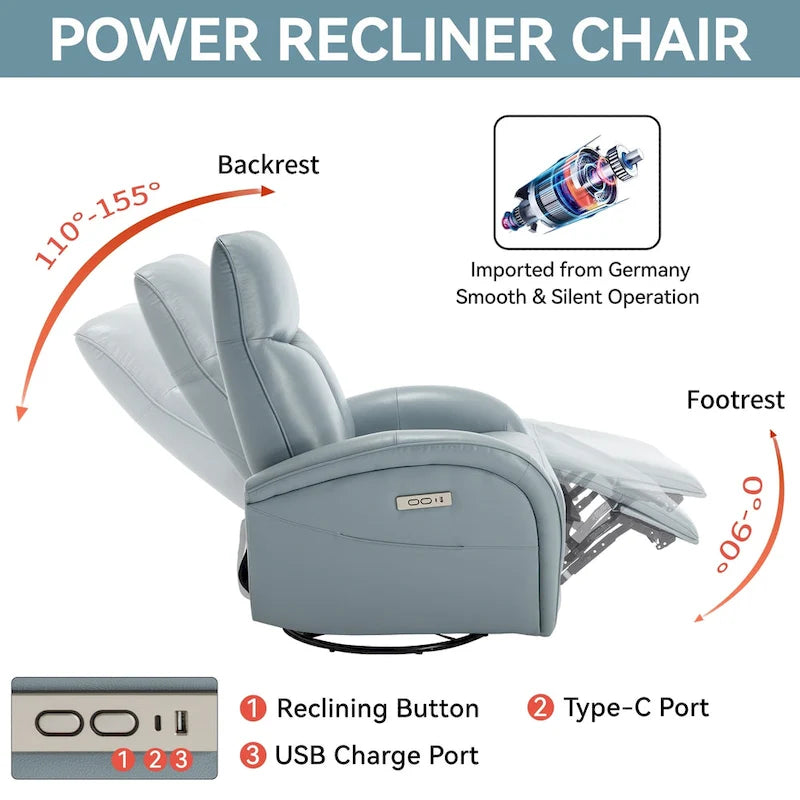 Blue Genuine Leather Swivel Glider Power Recliner with USB, Type-C, Pockets
