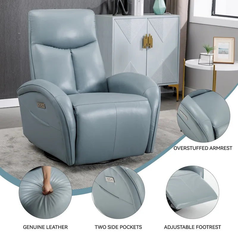 Blue Genuine Leather Swivel Glider Power Recliner with USB, Type-C, Pockets