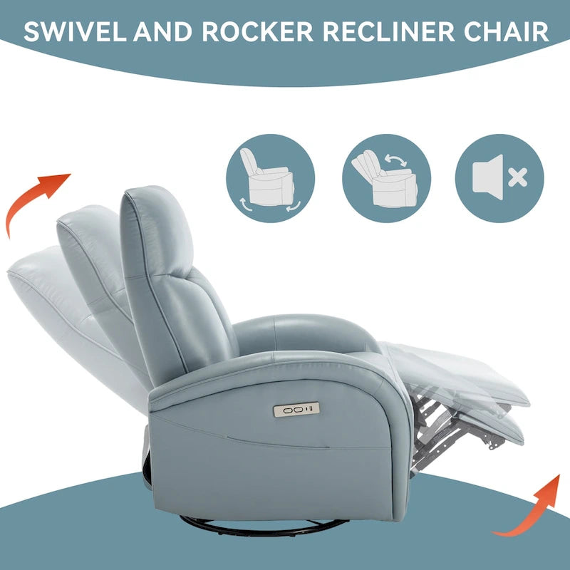 Blue Genuine Leather Swivel Glider Power Recliner with USB, Type-C, Pockets