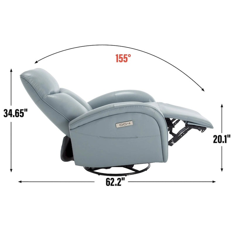 Blue Genuine Leather Swivel Glider Power Recliner with USB, Type-C, Pockets