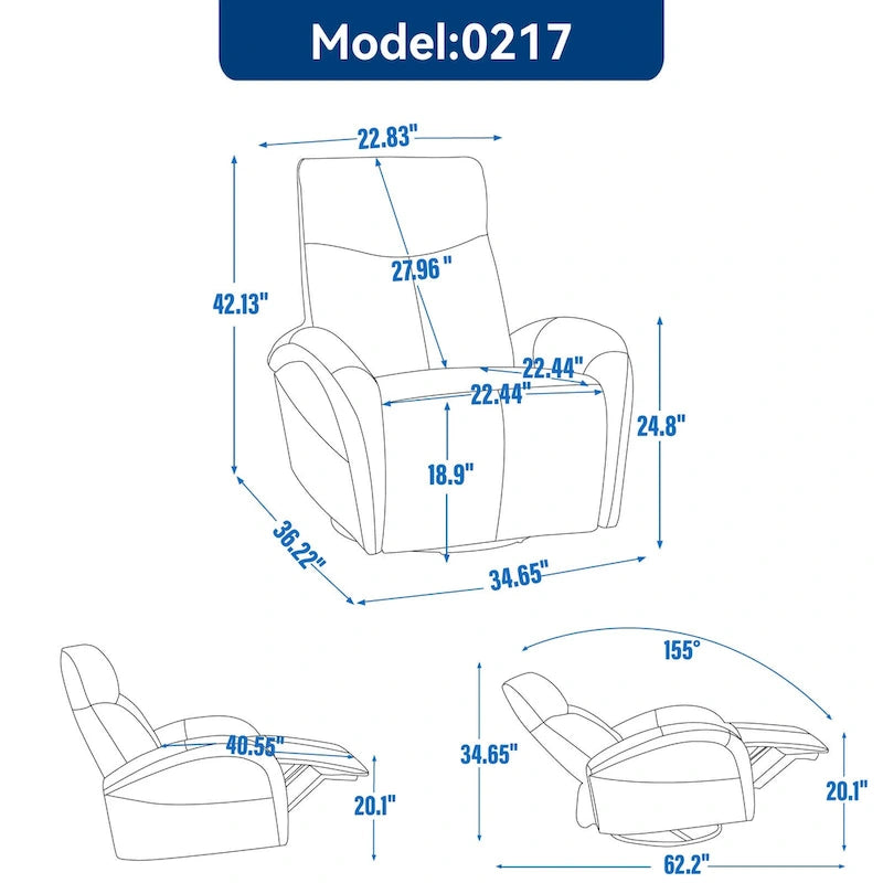 Blue Genuine Leather Swivel Glider Power Recliner with USB, Type-C, Pockets