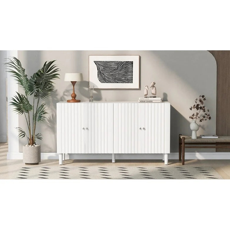 Elegant Four-Door Sideboard with Wavy Pattern Doors, Cylindrical Legs, and Sleek Metal Handles, Adjustable, for Living Room