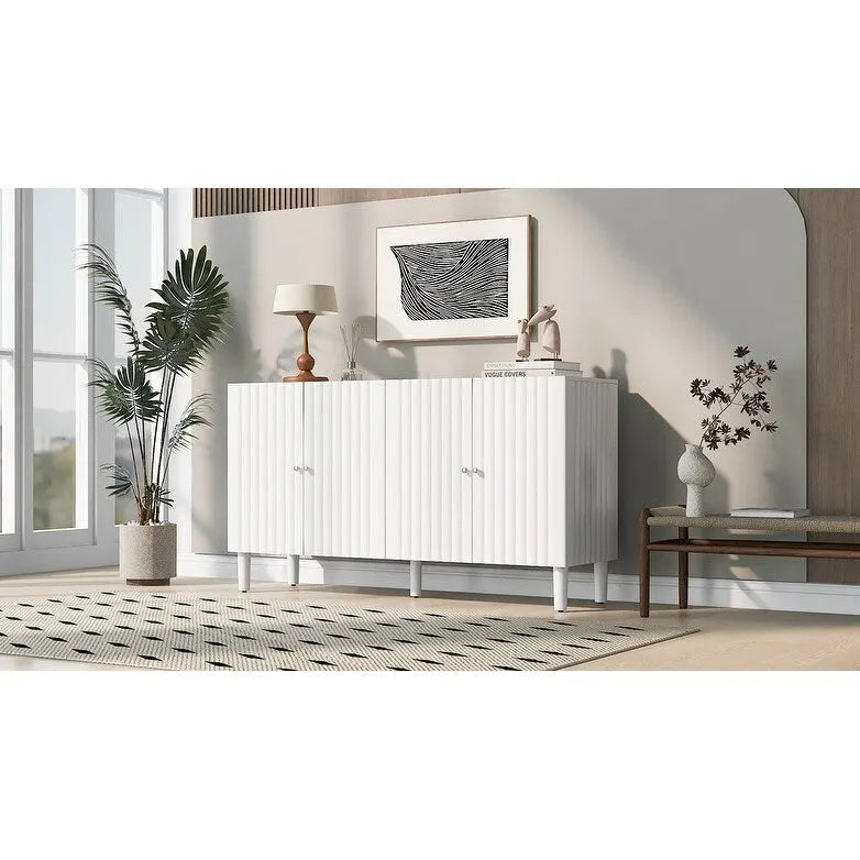 Elegant Four-Door Sideboard with Wavy Pattern Doors, Cylindrical Legs, and Sleek Metal Handles, Adjustable, for Living Room