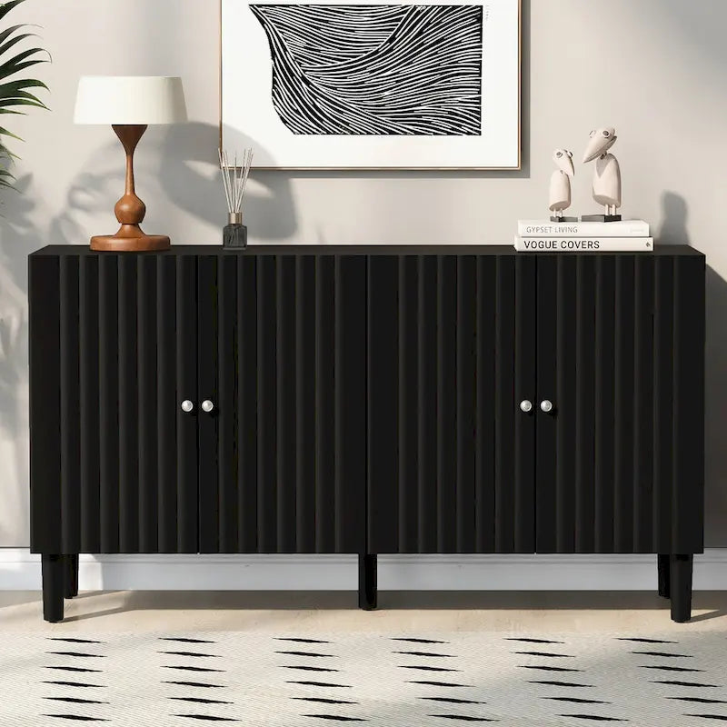 Elegant Four-Door Sideboard with Wavy Pattern Doors, Cylindrical Legs, and Sleek Metal Handles, Adjustable, for Living Room