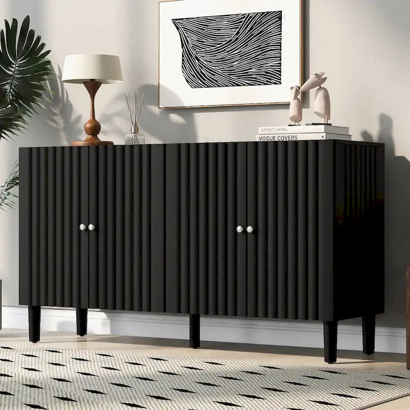 Elegant Four-Door Sideboard with Wavy Pattern Doors, Cylindrical Legs, and Sleek Metal Handles, Adjustable, for Living Room