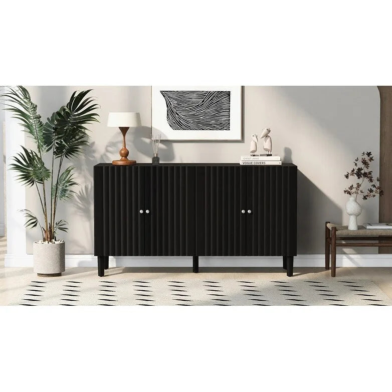 Elegant Four-Door Sideboard with Wavy Pattern Doors, Cylindrical Legs, and Sleek Metal Handles, Adjustable, for Living Room