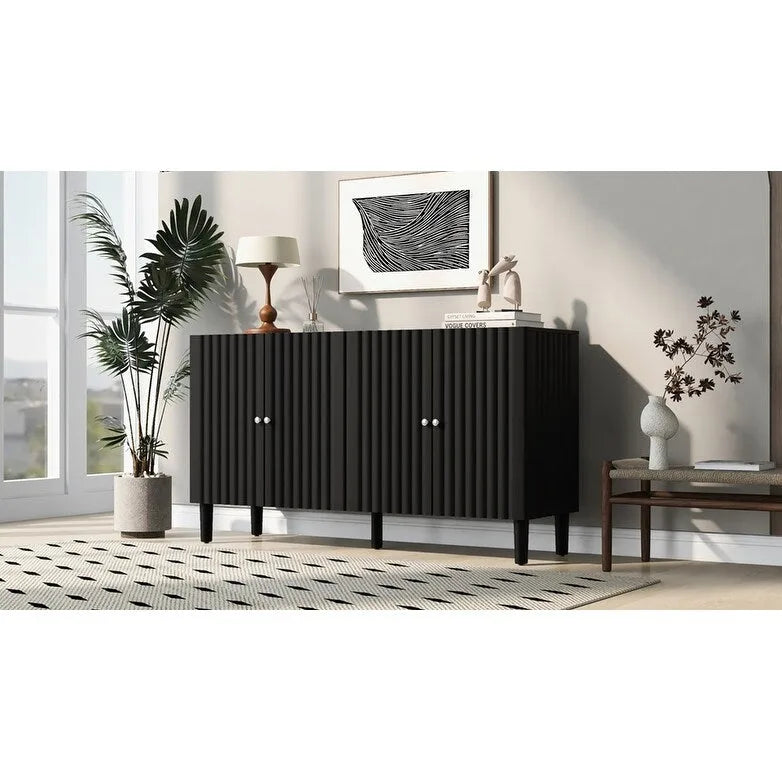 Elegant Four-Door Sideboard with Wavy Pattern Doors, Cylindrical Legs, and Sleek Metal Handles, Adjustable, for Living Room