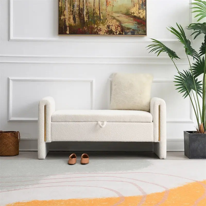 Modern Bed End Bench with Arms and Storage,Upholstered Foot Rest Stool