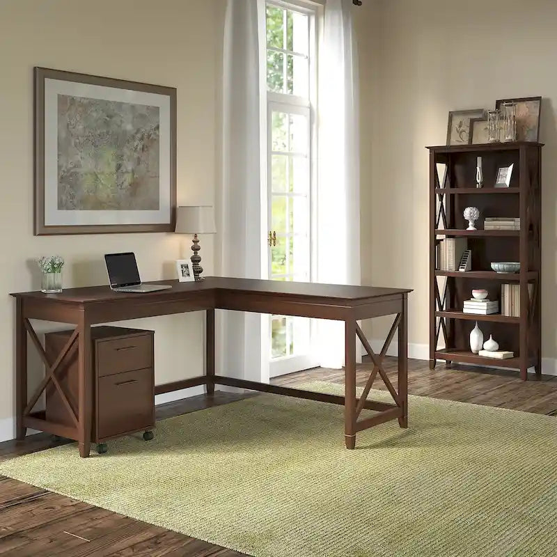 L Desk with File Cabinet and Bookcase by