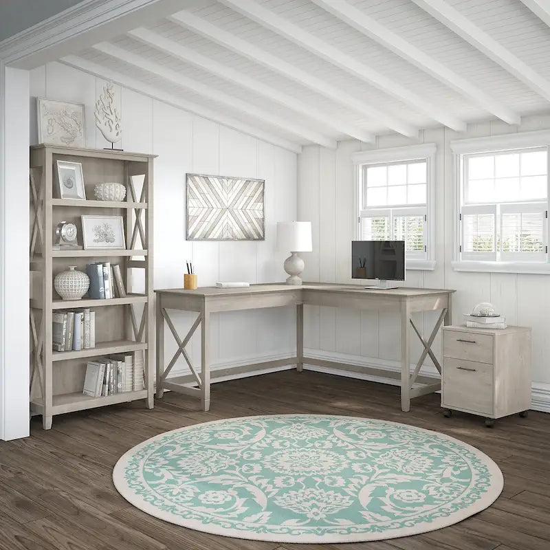 L Desk with File Cabinet and Bookcase by