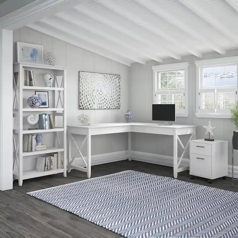 L Desk with File Cabinet and Bookcase by