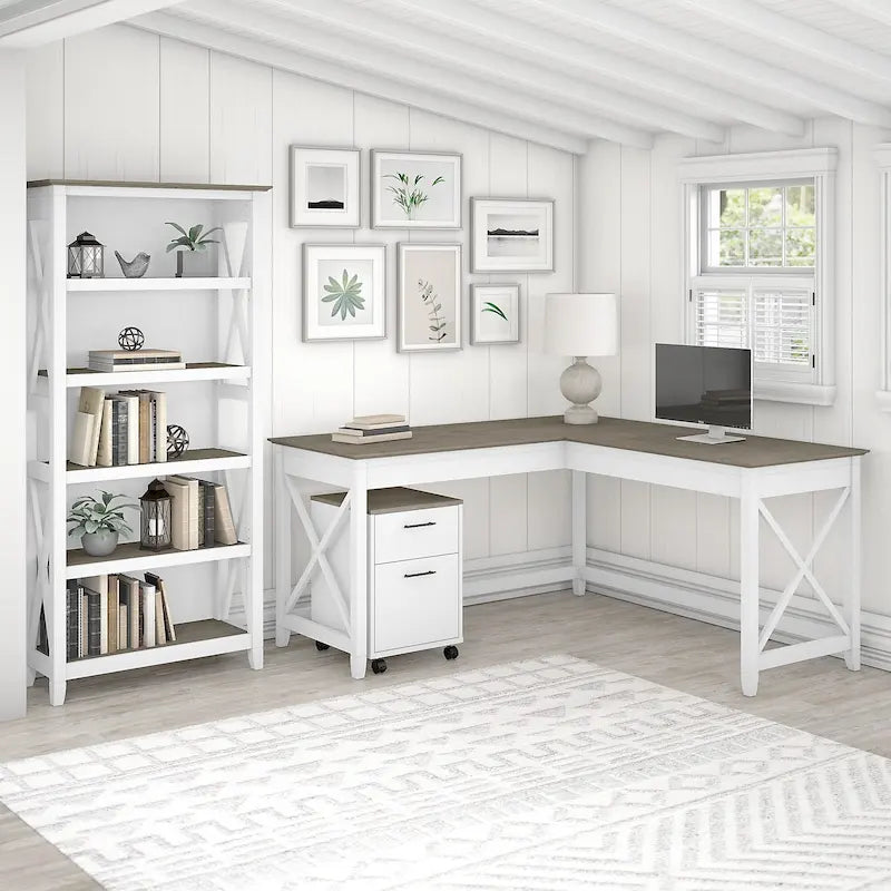 L Desk with File Cabinet and Bookcase by