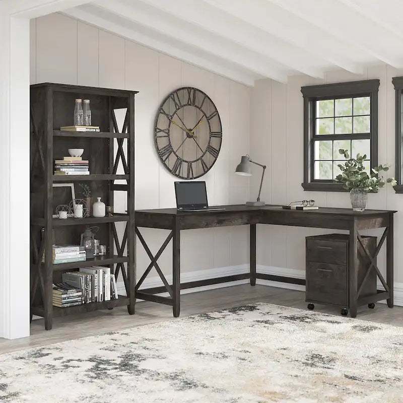 L Desk with File Cabinet and Bookcase by