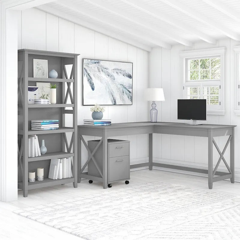 L Desk with File Cabinet and Bookcase by
