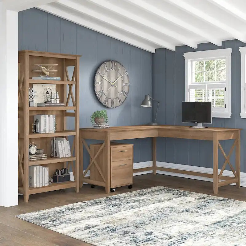 L Desk with File Cabinet and Bookcase by