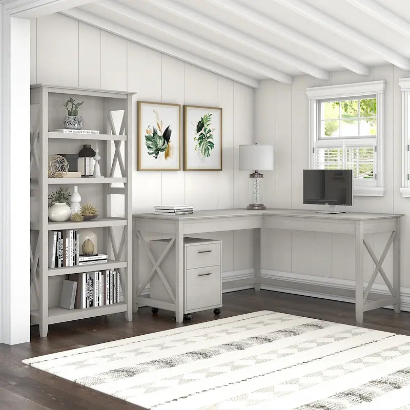 L Desk with File Cabinet and Bookcase by