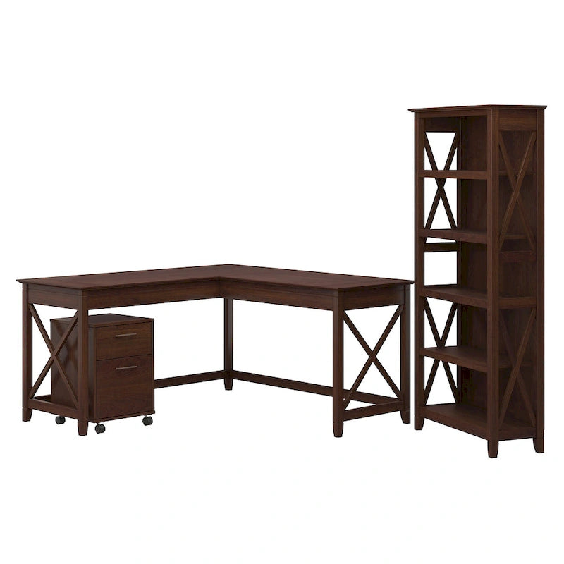 L Desk with File Cabinet and Bookcase by