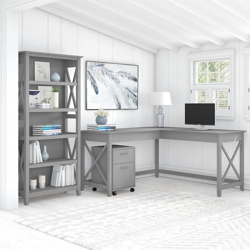 L Desk with File Cabinet and Bookcase by