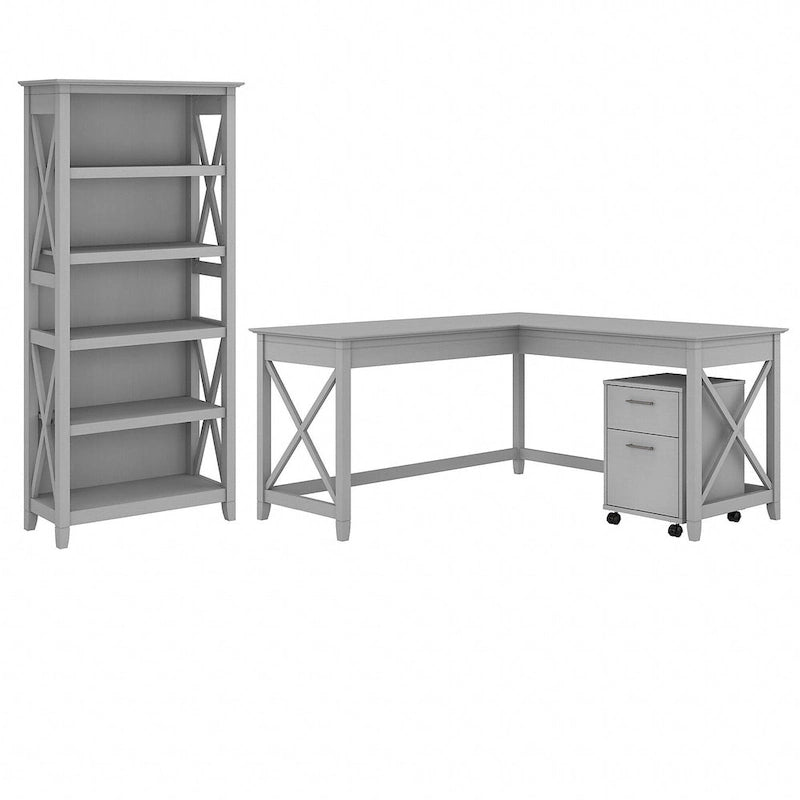 L Desk with File Cabinet and Bookcase by