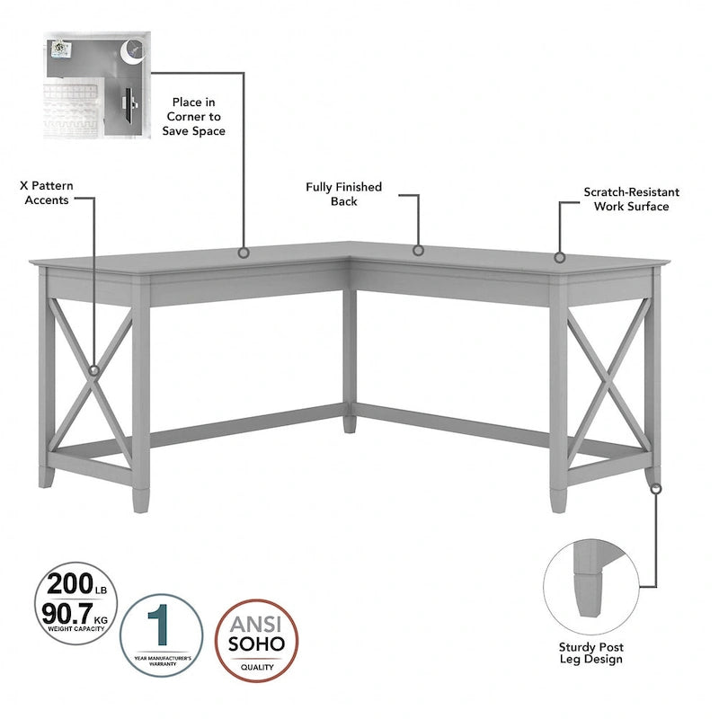 L Desk with File Cabinet and Bookcase by