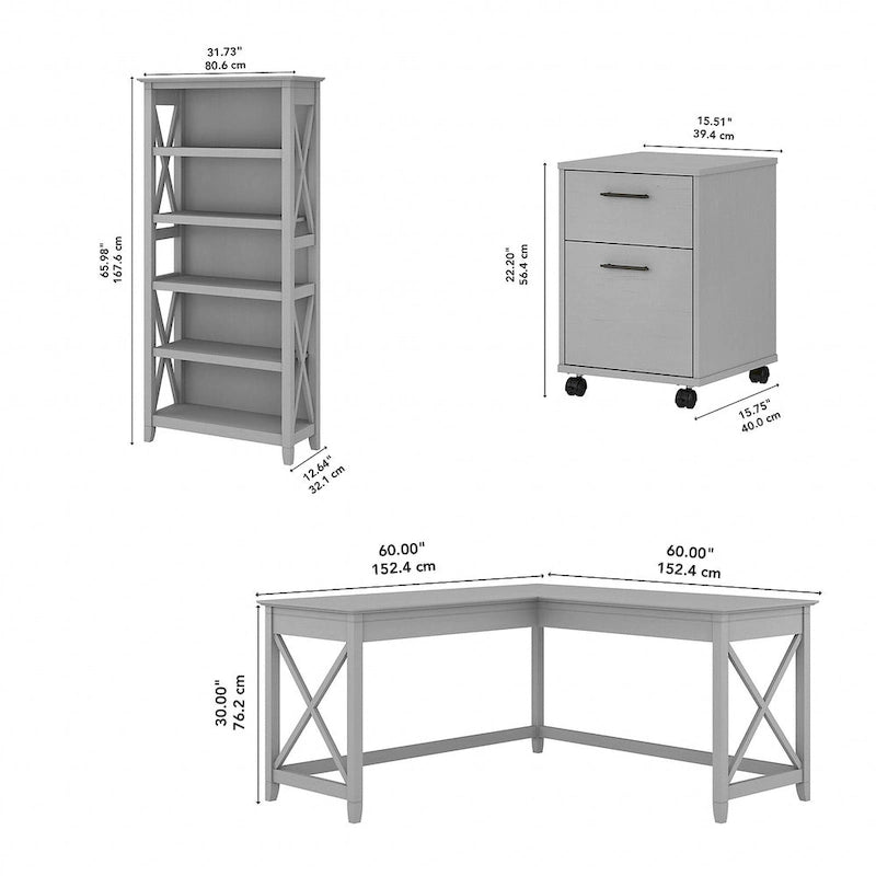 L Desk with File Cabinet and Bookcase by