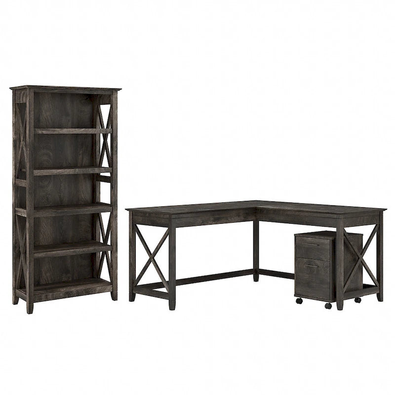 L Desk with File Cabinet and Bookcase by