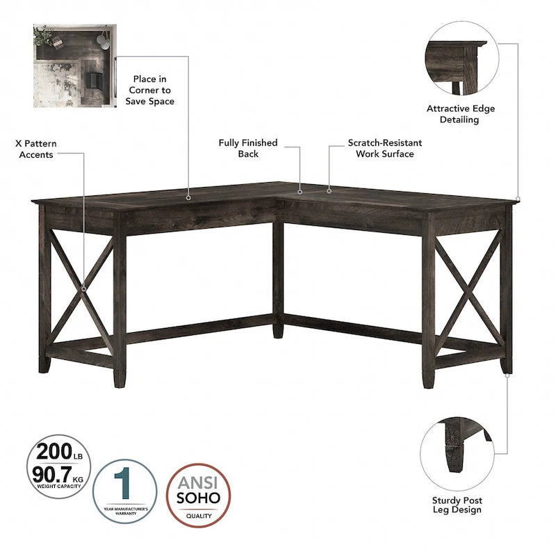 L Desk with File Cabinet and Bookcase by