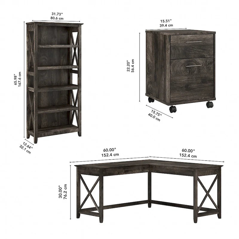 L Desk with File Cabinet and Bookcase by