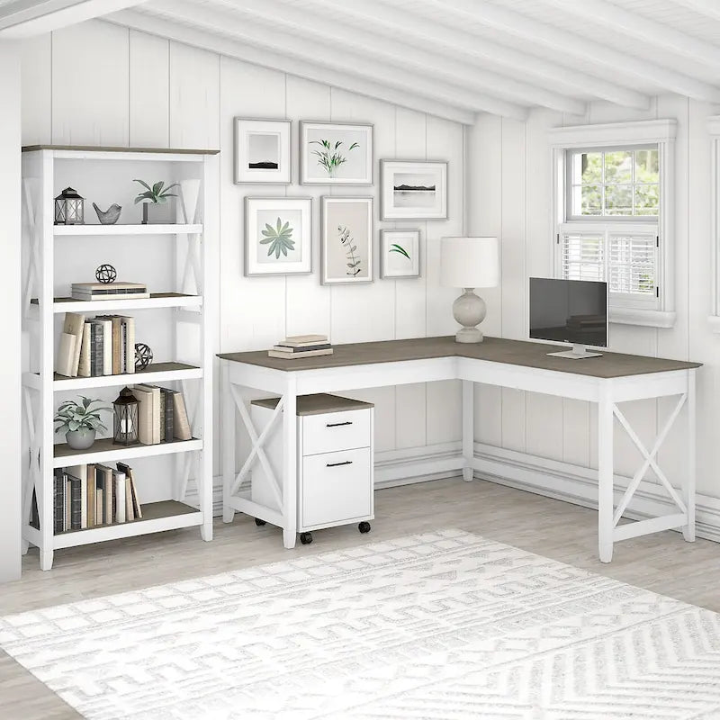 L Desk with File Cabinet and Bookcase by