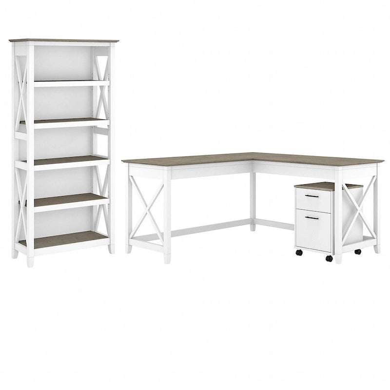 L Desk with File Cabinet and Bookcase by