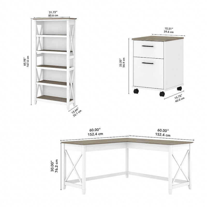 L Desk with File Cabinet and Bookcase by