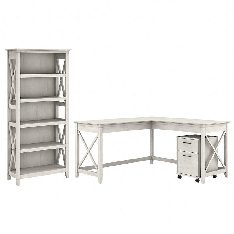 L Desk with File Cabinet and Bookcase by
