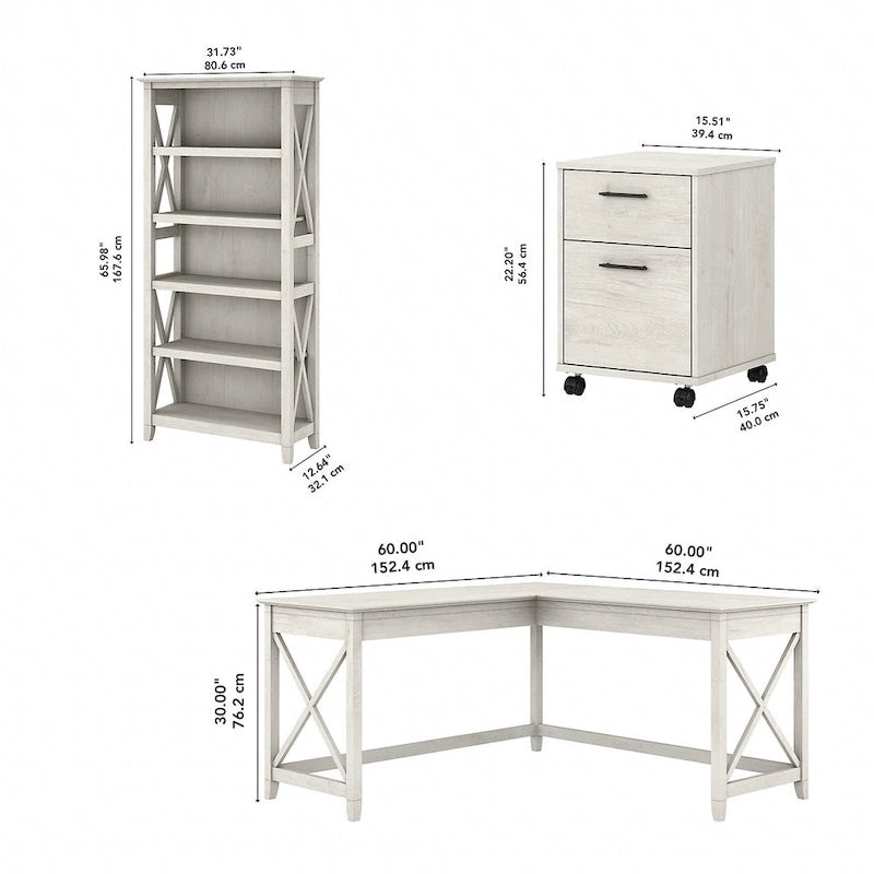 L Desk with File Cabinet and Bookcase by