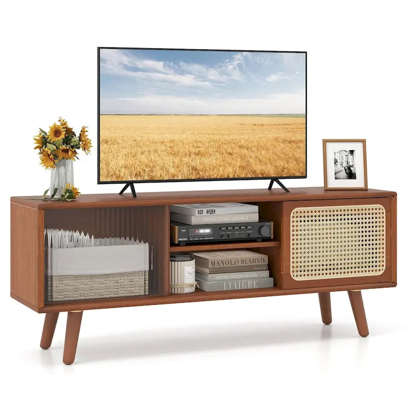 Modern TV Stand Entertainment Center Media Console with Rattan