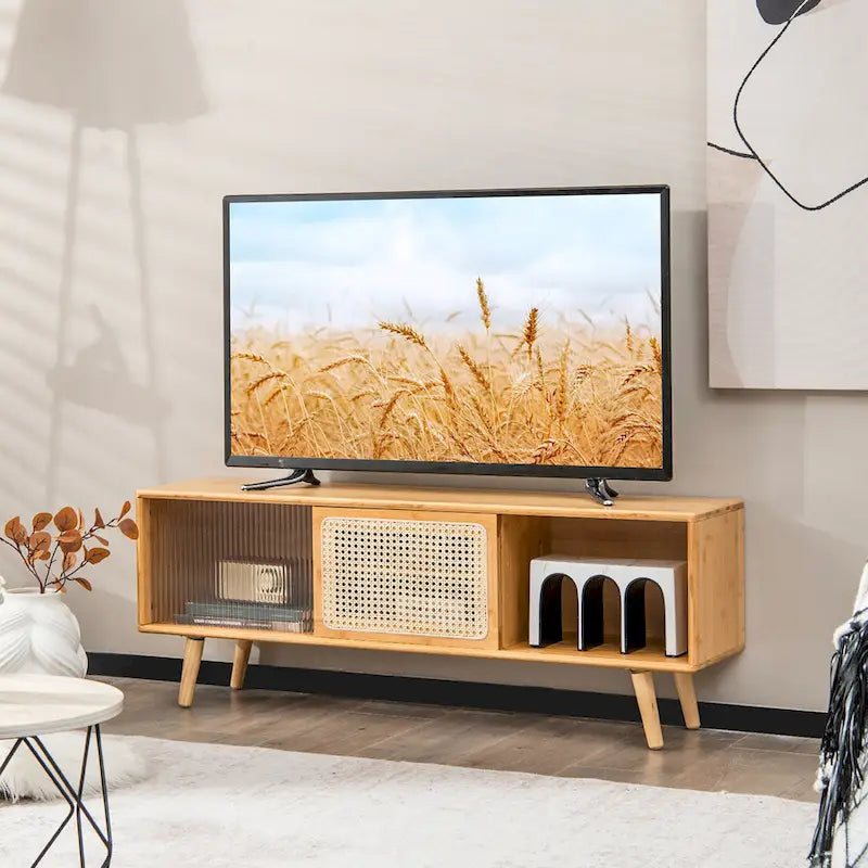 Modern TV Stand Entertainment Center Media Console with Rattan