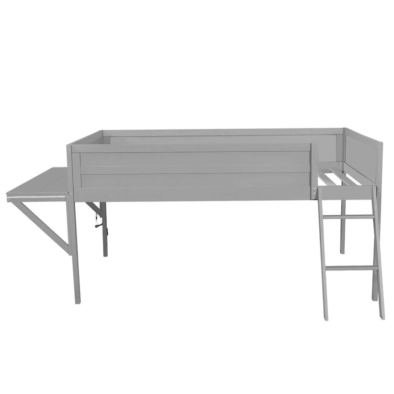 Twin Size Wood Gaming Loft Bed with Desk and LED, Grey