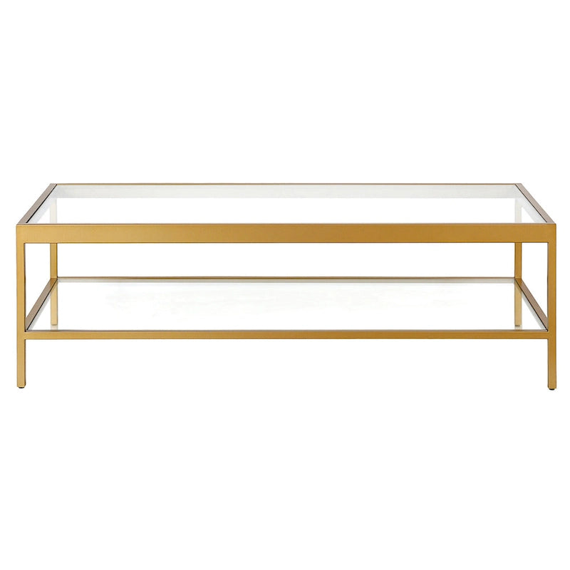Contemporary 54-Inch Rectangular Coffee Table Glass Top with Steel Base Bottom Storage Shelf Perfect for Living Room