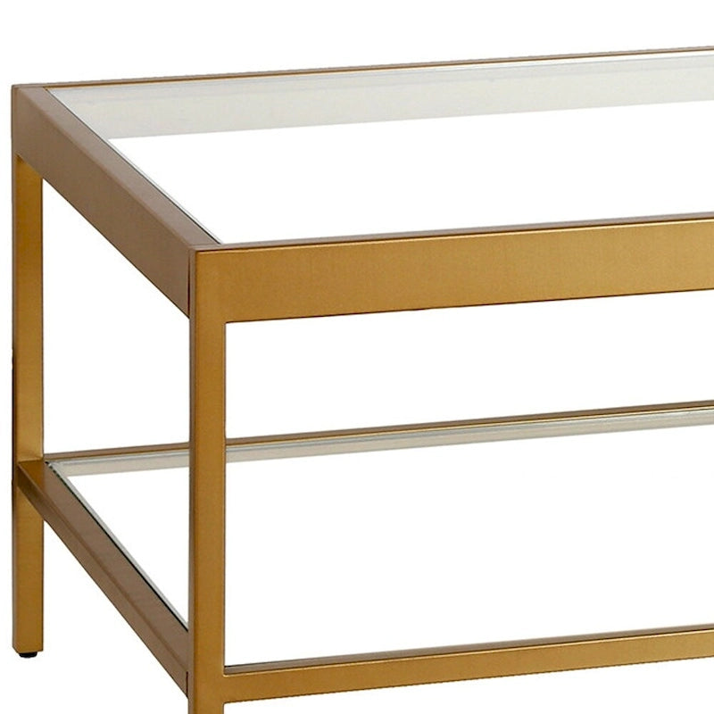 Contemporary 54-Inch Rectangular Coffee Table Glass Top with Steel Base Bottom Storage Shelf Perfect for Living Room