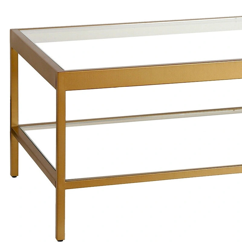 Contemporary 54-Inch Rectangular Coffee Table Glass Top with Steel Base Bottom Storage Shelf Perfect for Living Room