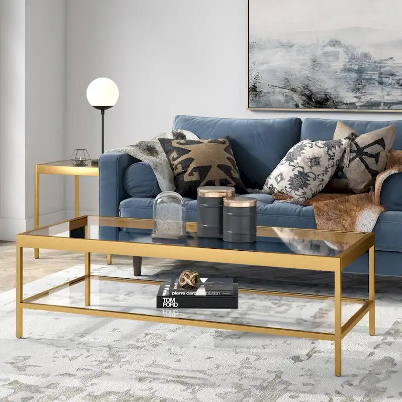 Contemporary 54-Inch Rectangular Coffee Table Glass Top with Steel Base Bottom Storage Shelf Perfect for Living Room