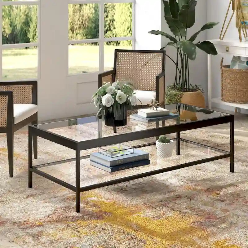 Contemporary 54-Inch Rectangular Coffee Table Glass Top with Steel Base Bottom Storage Shelf Perfect for Living Room