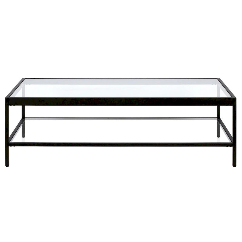 Contemporary 54-Inch Rectangular Coffee Table Glass Top with Steel Base Bottom Storage Shelf Perfect for Living Room