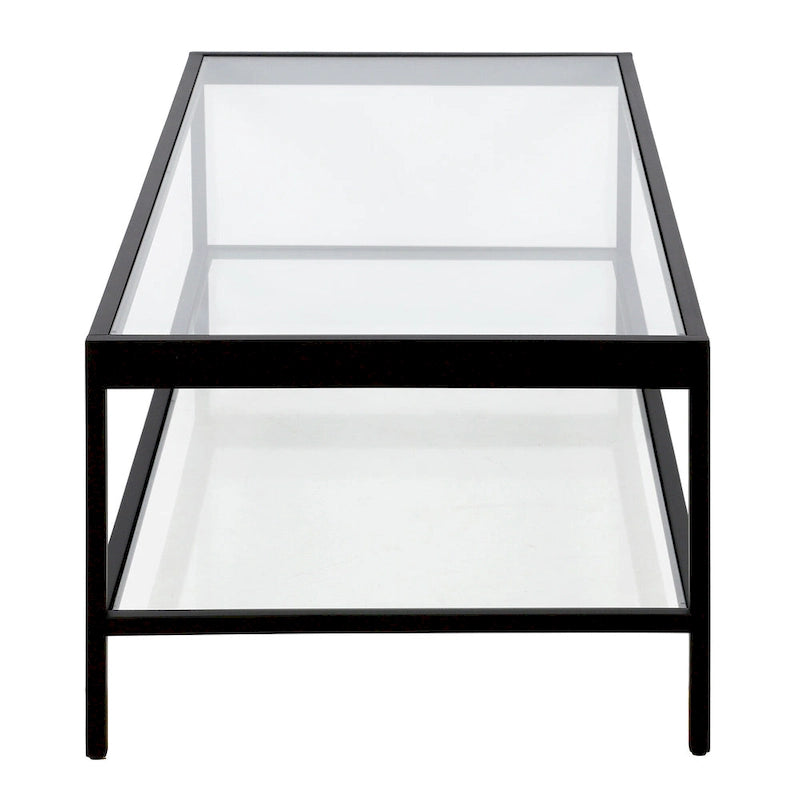 Contemporary 54-Inch Rectangular Coffee Table Glass Top with Steel Base Bottom Storage Shelf Perfect for Living Room