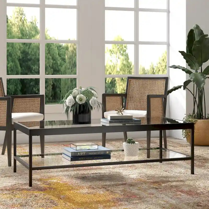Contemporary 54-Inch Rectangular Coffee Table Glass Top with Steel Base Bottom Storage Shelf Perfect for Living Room