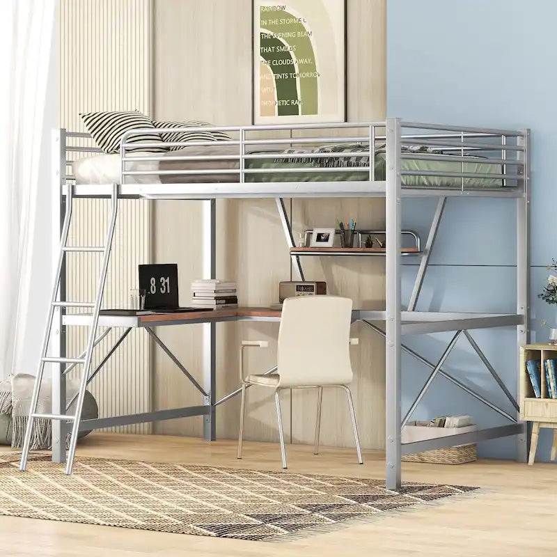 Modern Loft Bed with Desk and Storage Shelf, Heavy Duty Metal Loft Bed Frame with Safety Guardrails & Ladder for Kids Teens