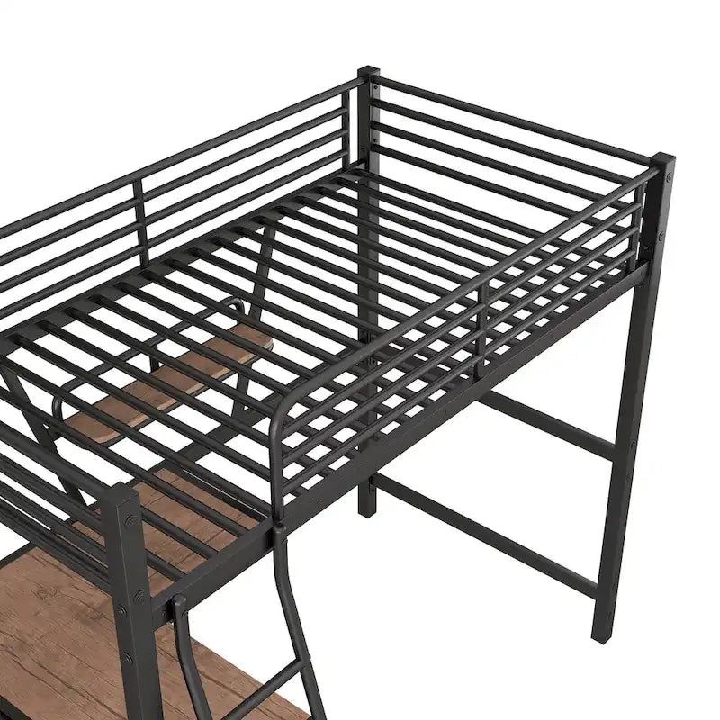 Modern Loft Bed with Desk and Storage Shelf, Heavy Duty Metal Loft Bed Frame with Safety Guardrails & Ladder for Kids Teens