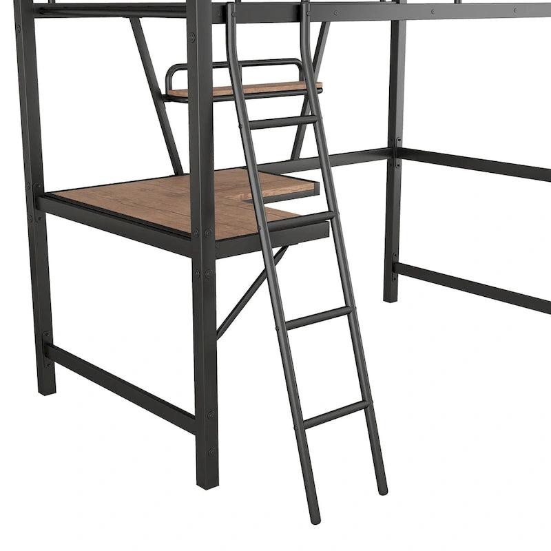 Modern Loft Bed with Desk and Storage Shelf, Heavy Duty Metal Loft Bed Frame with Safety Guardrails & Ladder for Kids Teens
