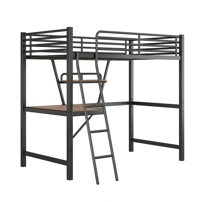 Modern Loft Bed with Desk and Storage Shelf, Heavy Duty Metal Loft Bed Frame with Safety Guardrails & Ladder for Kids Teens